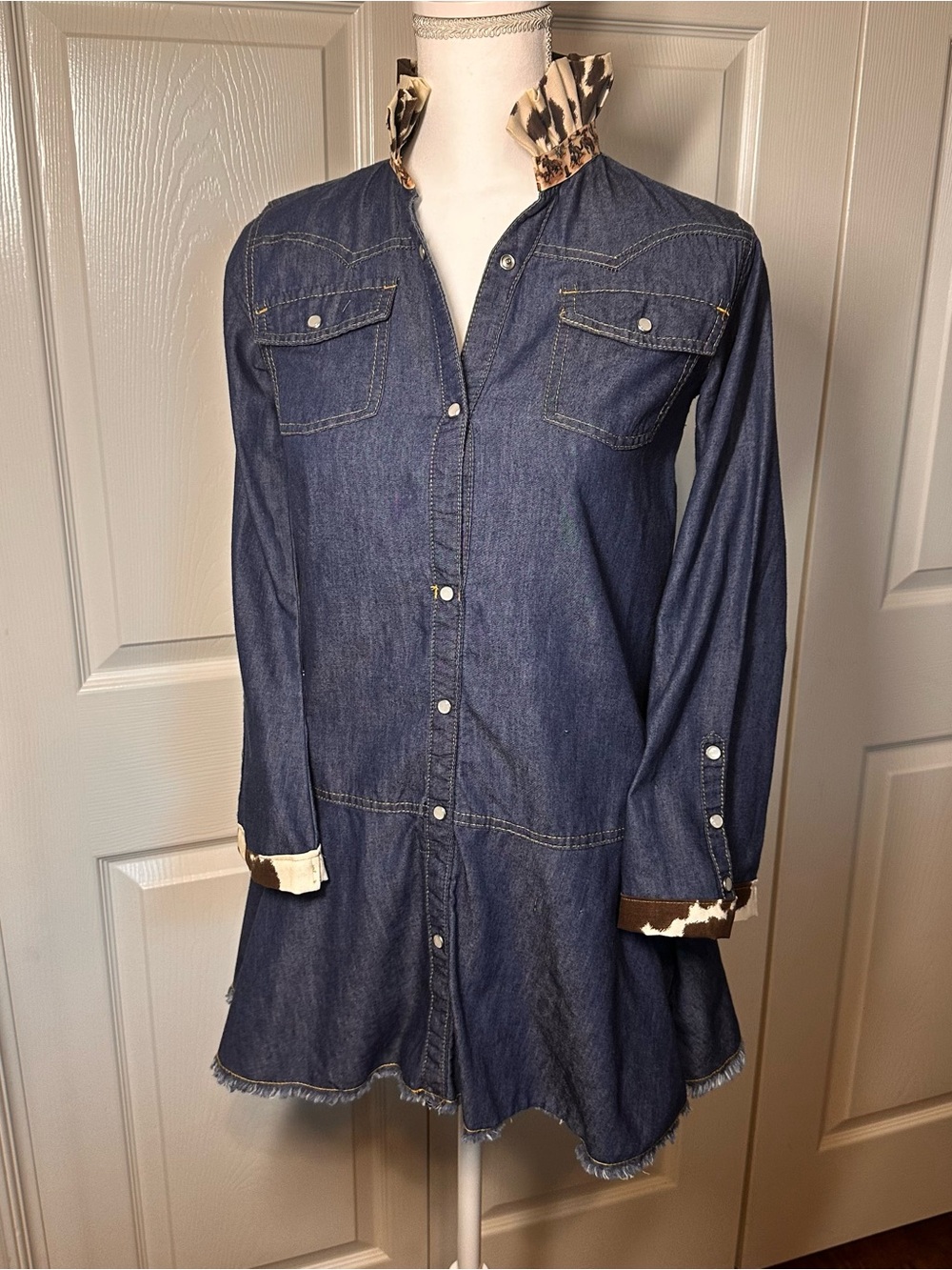 Lucky Brand Dark Blue Denim Shirt Dress with Animal Print Trim